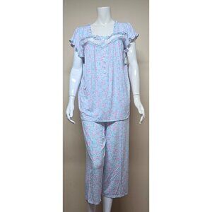 Eileen West 2 Piece Blue Floral Top & Capri Pants Pajama Set Size Large NEW